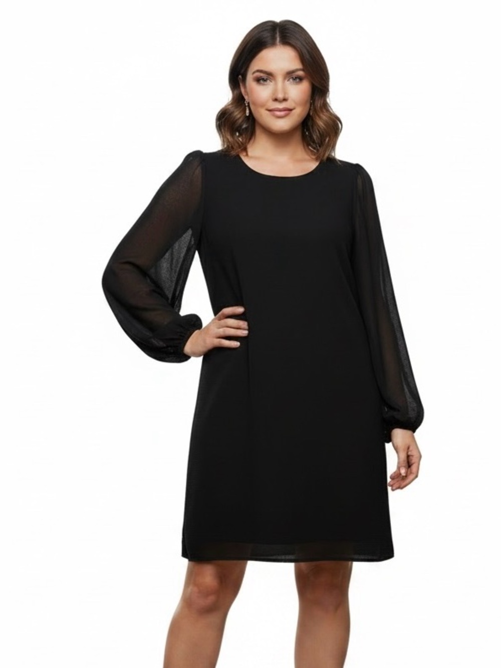 City Chic Sz 14 Black Textured Shift Dress Sheer Sleeves Lined Bodice | EUC